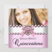 Quinceanera 15. Rosa Weißrosa Pearl Bow Foto Einladung (Vorderseite)