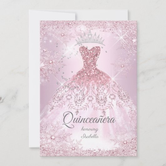 Quinceanera 15. rot Rosa Schneeflocken Winterkleid Einladung (Vorderseite)