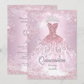Quinceanera 15. rot Rosa Schneeflocken Winterkleid Einladung