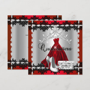 Quinceanera 15. Rot Schwarz Silber Diamant Tiara Einladung
