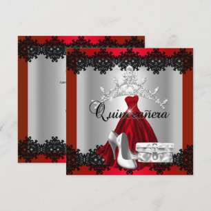 Quinceanera 15. Rot Schwarz Silber Diamant Tiara Einladung
