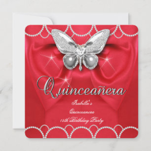 Quinceanera 15. Roter Schmetterling Perlen-Party Einladung