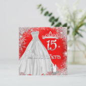 Quinceanera 15. Rotes Silberschneeflocken Party Einladung (Stehend Vorderseite)
