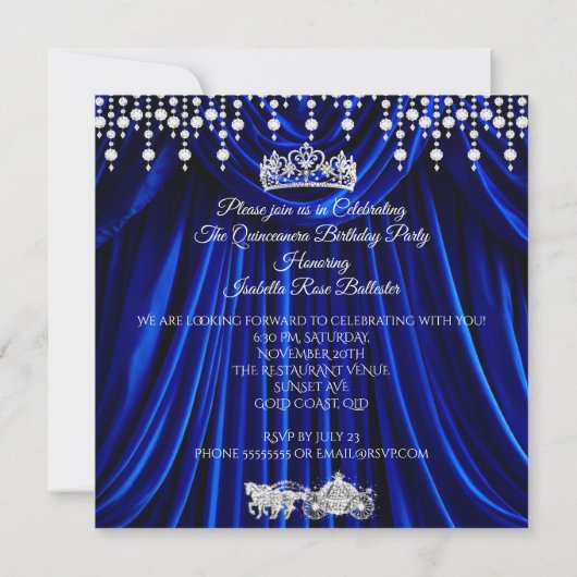 Quinceanera 15. Royal Blue Carriage Tiara Einladung (Rückseite)