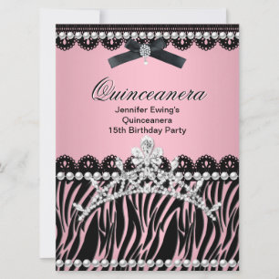 Quinceanera 15. Schwarz-Rosa-Zebra-Tiara Einladung