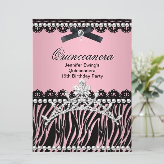 Quinceanera 15. Schwarzer Rosa Zebra Tiara Einladung (Stehend Vorderseite)