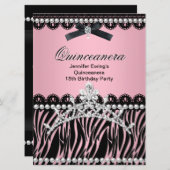 Quinceanera 15. Schwarzer Rosa Zebra Tiara Einladung (Vorne/Hinten)