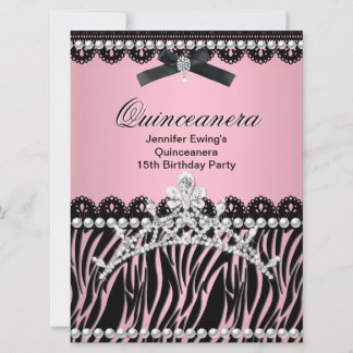 Quinceanera 15. Schwarzer Rosa Zebra Tiara Einladung