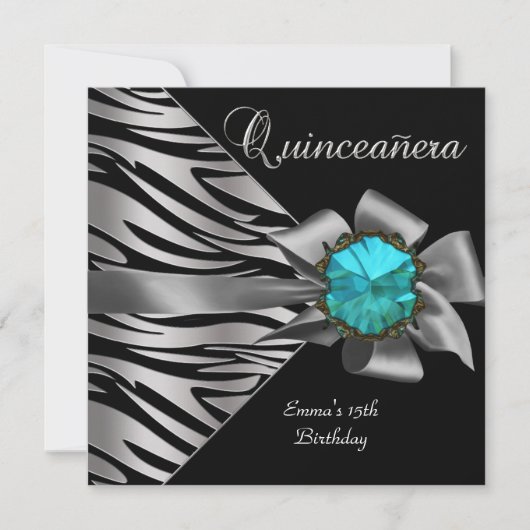 Quinceanera 15. Silver Zebra Aquamarin Black Gray  Einladung (Vorderseite)