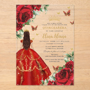 Quinceañera 15 Sweet 16 Rote Rosen Blumen Floral Acryleinladungen