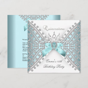 Quinceanera 15. Tealblau Silber Weiß Diamant Einladung
