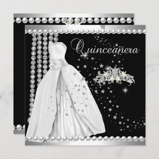 Quinceanera 15 Tiara Gown Black Silver White Einladung (Vorne/Hinten)