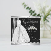 Quinceanera 15 Tiara Gown Black Silver White Einladung (Stehend Vorderseite)
