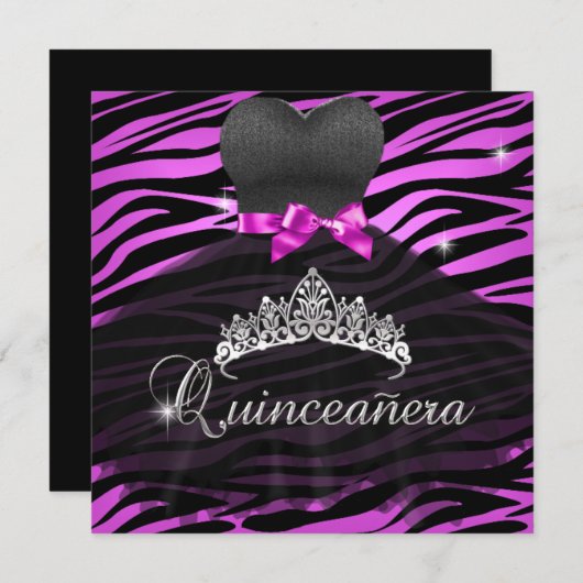 Quinceanera 15. Tiara Hot Pink Black Zebra Dress Einladung (Vorne/Hinten)