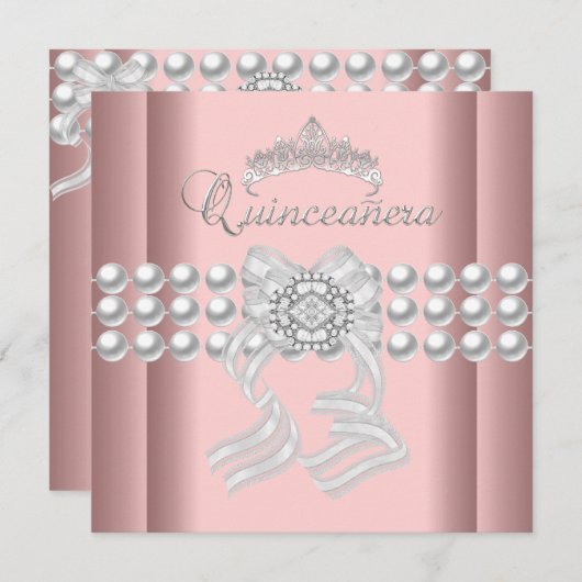 Quinceanera 15 Tiara Pink Silver White Pearl Pink Einladung (Vorne/Hinten)