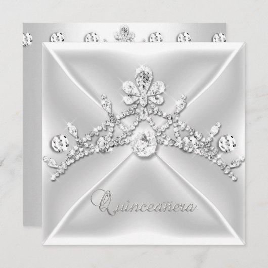 Quinceanera 15 Tiara Silver White Diamond Einladung (Vorne/Hinten)