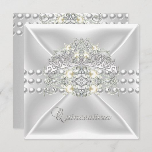 Quinceanera 15 Tiara Silver White Pearl Diamond Einladung (Vorne/Hinten)