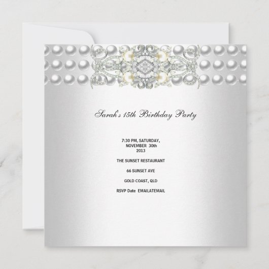 Quinceanera 15 Tiara Silver White Pearl Diamond Einladung (Rückseite)