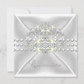 Quinceanera 15 Tiara Silver White Pearl Diamond Einladung (Vorderseite)