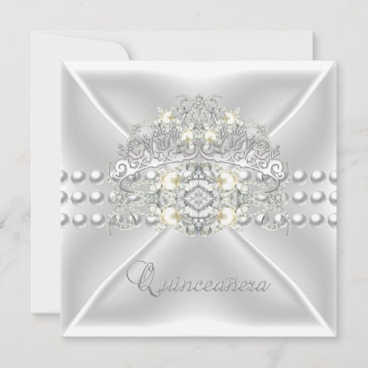 Quinceanera 15 Tiara Silver White Pearl Diamond Einladung (Vorderseite)