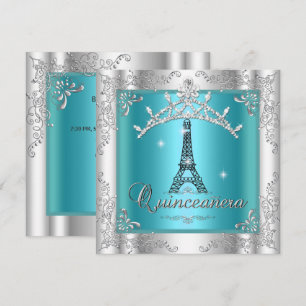 Quinceanera 15 Türkis Silber Tiara Eiffelturm Einladung