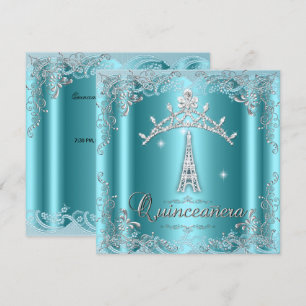 Quinceanera 15 Türkis Silber Tiara Eiffelturm Einladung