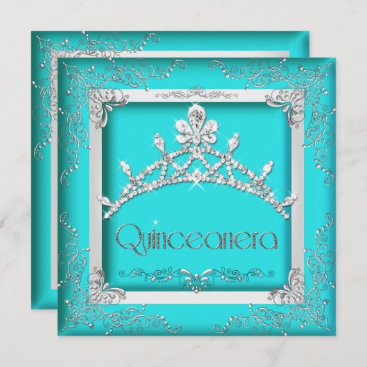 Quinceanera 15. Türkis Silver Tiara 15 Party Einladung (Vorne/Hinten)