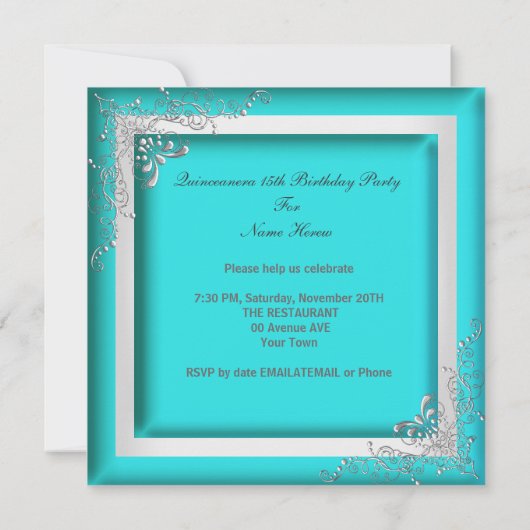 Quinceanera 15. Türkis Silver Tiara 15 Party Einladung (Rückseite)