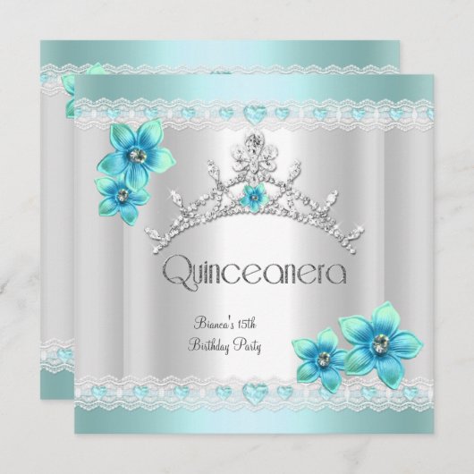 Quinceanera 15. White Aquamarin Blue Silver Tiara Einladung (Vorne/Hinten)