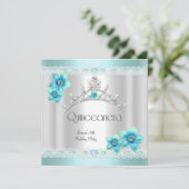 Quinceanera 15. White Aquamarin Blue Silver Tiara Einladung (Stehend Vorderseite)