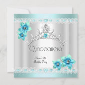 Quinceanera 15. White Aquamarin Blue Silver Tiara Einladung (Vorderseite)