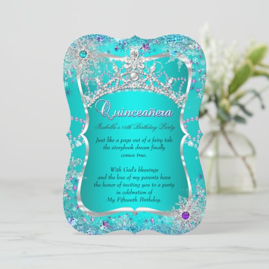 Quinceanera 15. Winter Wonderland Aquamarin Lila Einladung (Stehend Vorderseite)