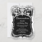 Quinceanera 15. Winter Wonderland Schwarzes Silber Einladung (Vorderseite)