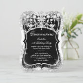 Quinceanera 15. Winter Wonderland Schwarzes Silber Einladung (Stehend Vorderseite)