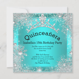 Quinceanera 15. Winter Wonderland Silber Teal 2 Einladung