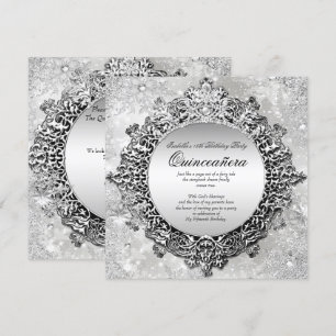 Quinceanera 15. Winter Wonderland Silber Weiß Einladung