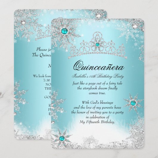 Quinceanera 15. Winter Wonderland Silver Blue 2 Einladung (Vorne/Hinten)