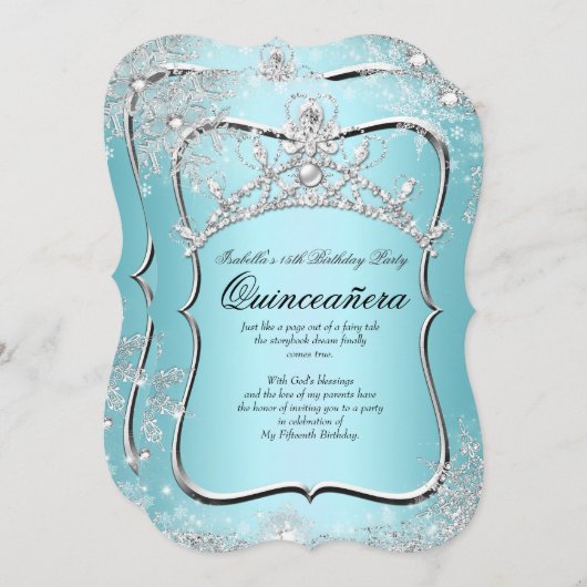 Quinceanera 15. Winter Wonderland Silver Blue Einladung (Vorne/Hinten)