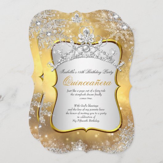 Quinceanera 15. Winter Wonderland Silver Gold Einladung (Vorne/Hinten)