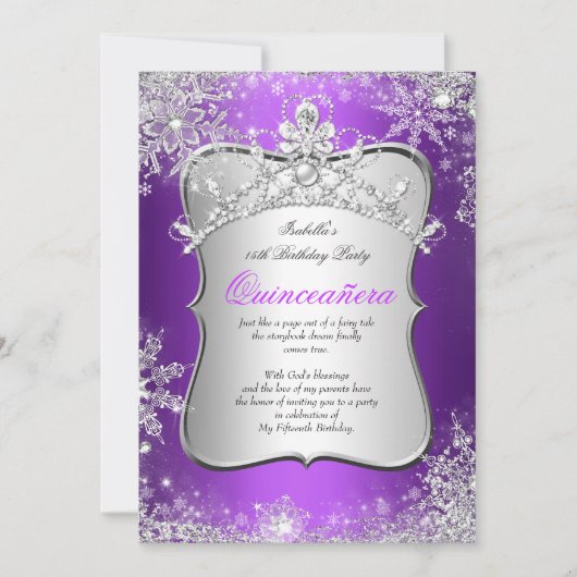Quinceanera 15. Winter Wonderland Silver Lila Einladung (Vorderseite)