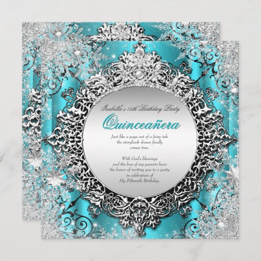 Quinceanera 15. Winter Wunderland Aquamarines Aqua Einladung (Vorne/Hinten)