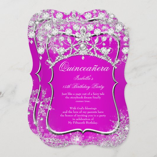 Quinceanera 15. Winter Wunderland Magenta Rosa Einladung (Vorne/Hinten)