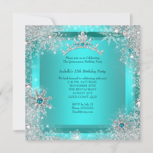 Quinceanera 15. Winter Wunderland Silber Aquamarin Einladung (Rückseite)