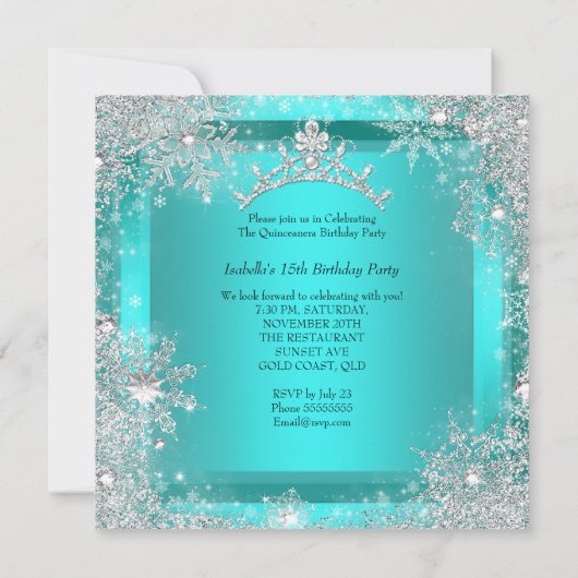 Quinceanera 15. Winter Wunderland Silber Aquamarin Einladung (Rückseite)