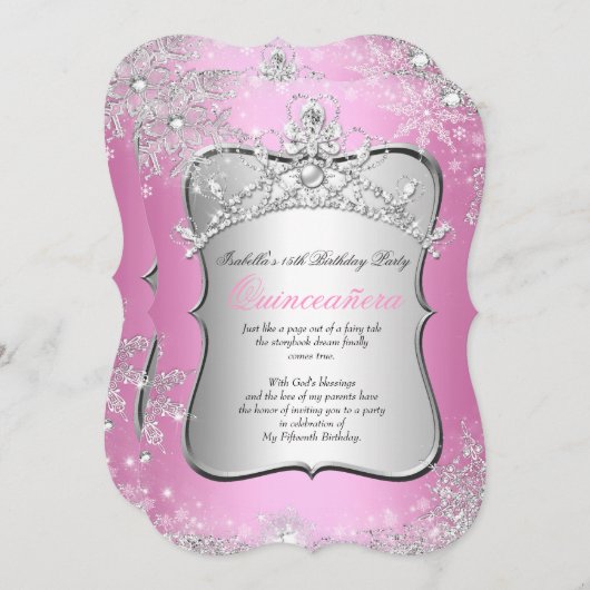 Quinceanera 15. Winter Wunderland Silver Pink Einladung (Vorne/Hinten)