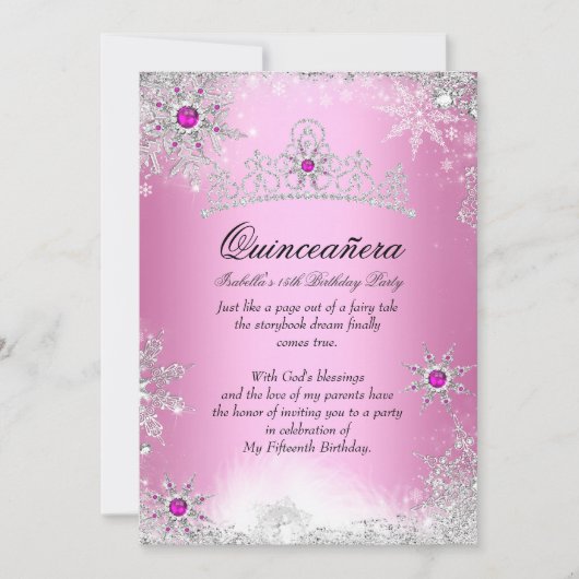 Quinceanera 15. Winter Wunderland Silver Pink Einladung (Vorderseite)