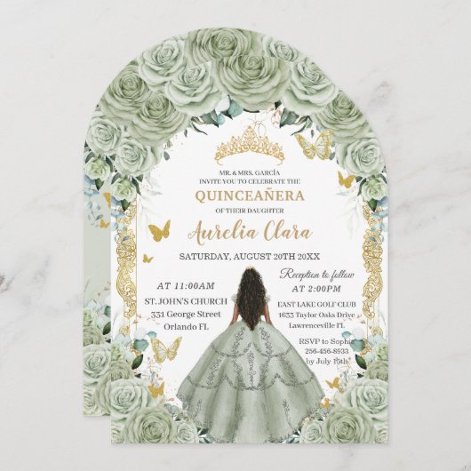 Quinceañera 15 XV Sage Green Floral Gold Arch Einladung (Vorne/Hinten)