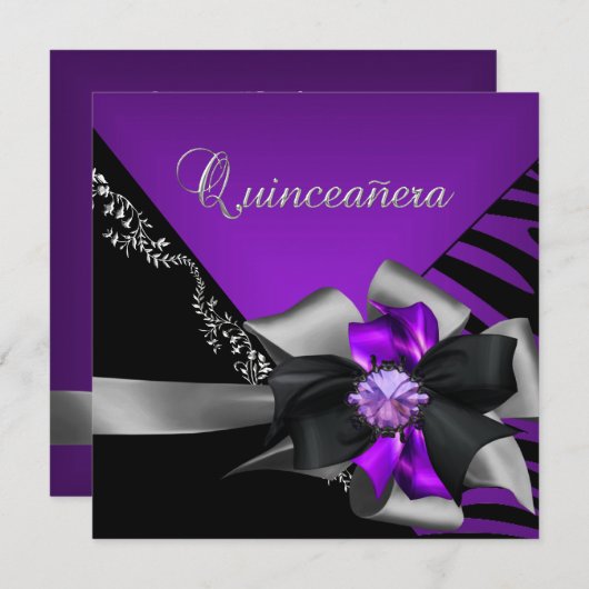 Quinceanera 15 Zebra Lila Schwarzes Silber Einladung (Vorne/Hinten)