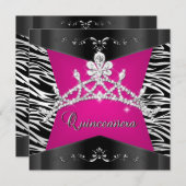 Quinceanera 15. Zebra Pink Black Silver Tiara Einladung (Vorne/Hinten)