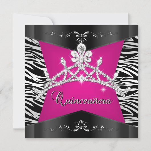 Quinceanera 15. Zebra Pink Black Silver Tiara Einladung (Vorderseite)